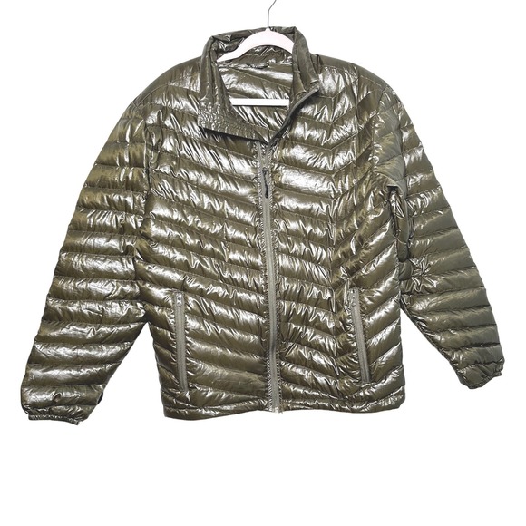 Triple Nickel 555 Mens Down Puffer Jacket Olive Green Metallic Quilted Size M